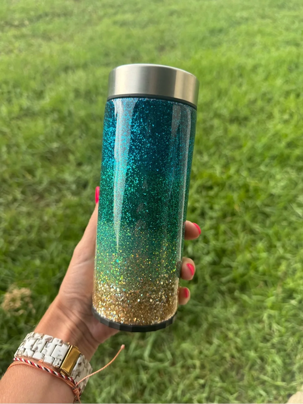 Glitter Ombre skinny can cooler stainless steel - Teal to Gold